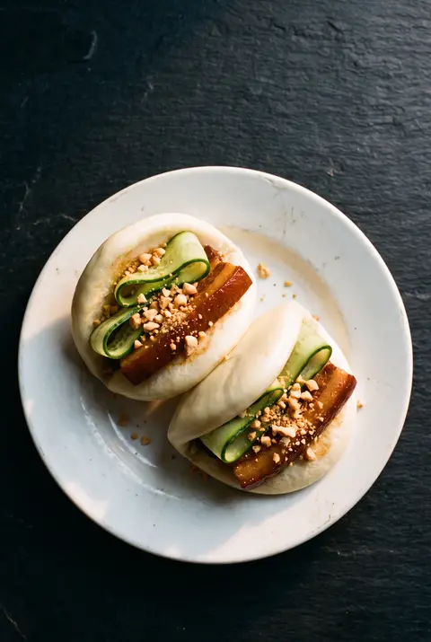 Two steamed bao buns filled with pork belly on a white plate