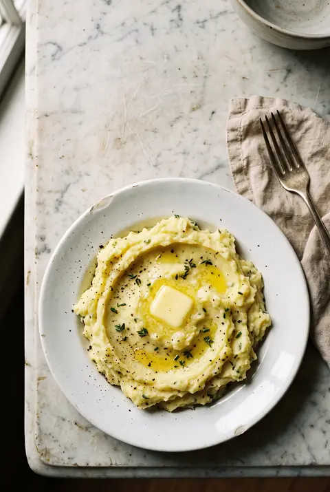 A side portion of buttery mashed potatoes on a white plate