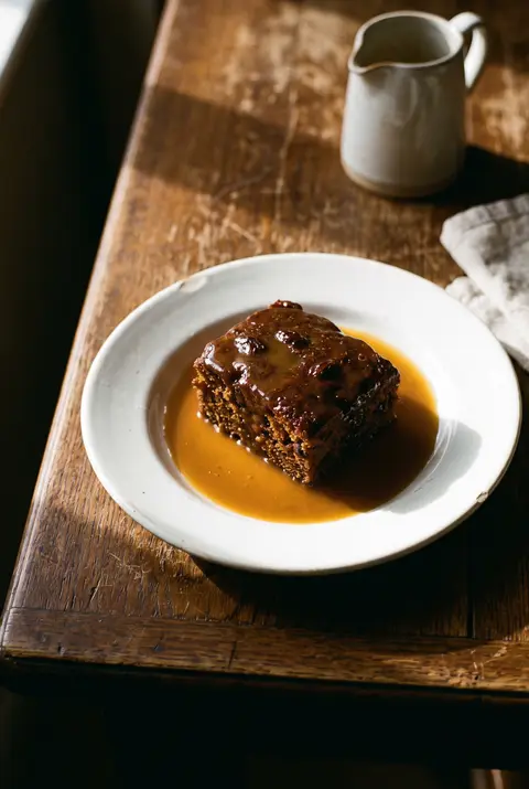 A portion of sticky toffee pudding with toffee sauce poured over on a white plate