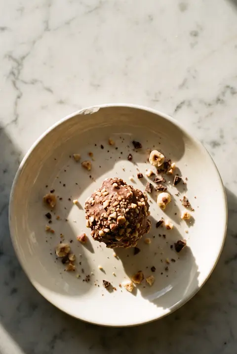 A round hazelnut chocolate praline with a crisp nutty coating on a white plate