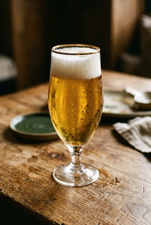 330 ml of pale golden alcohol free beer with a white head in a beer glass