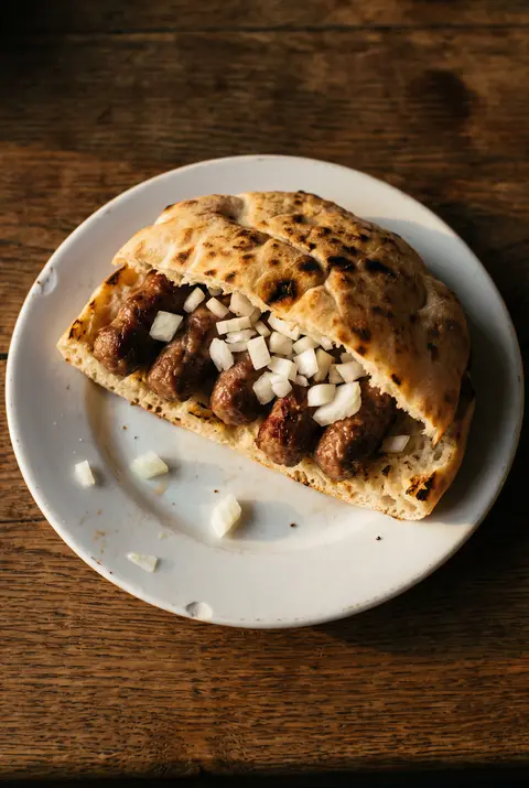 Five grilled cevapi in a split lepinja flatbread with chopped raw onion on a white plate