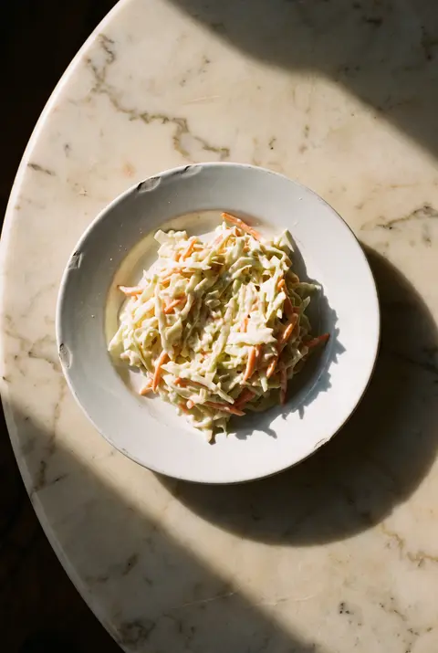 A portion of creamy coleslaw on a white plate