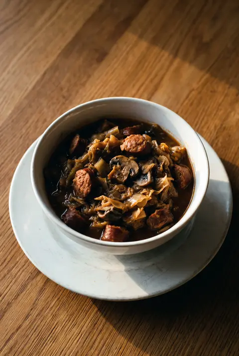 A white porcelain bowl of bigos on a white plate
