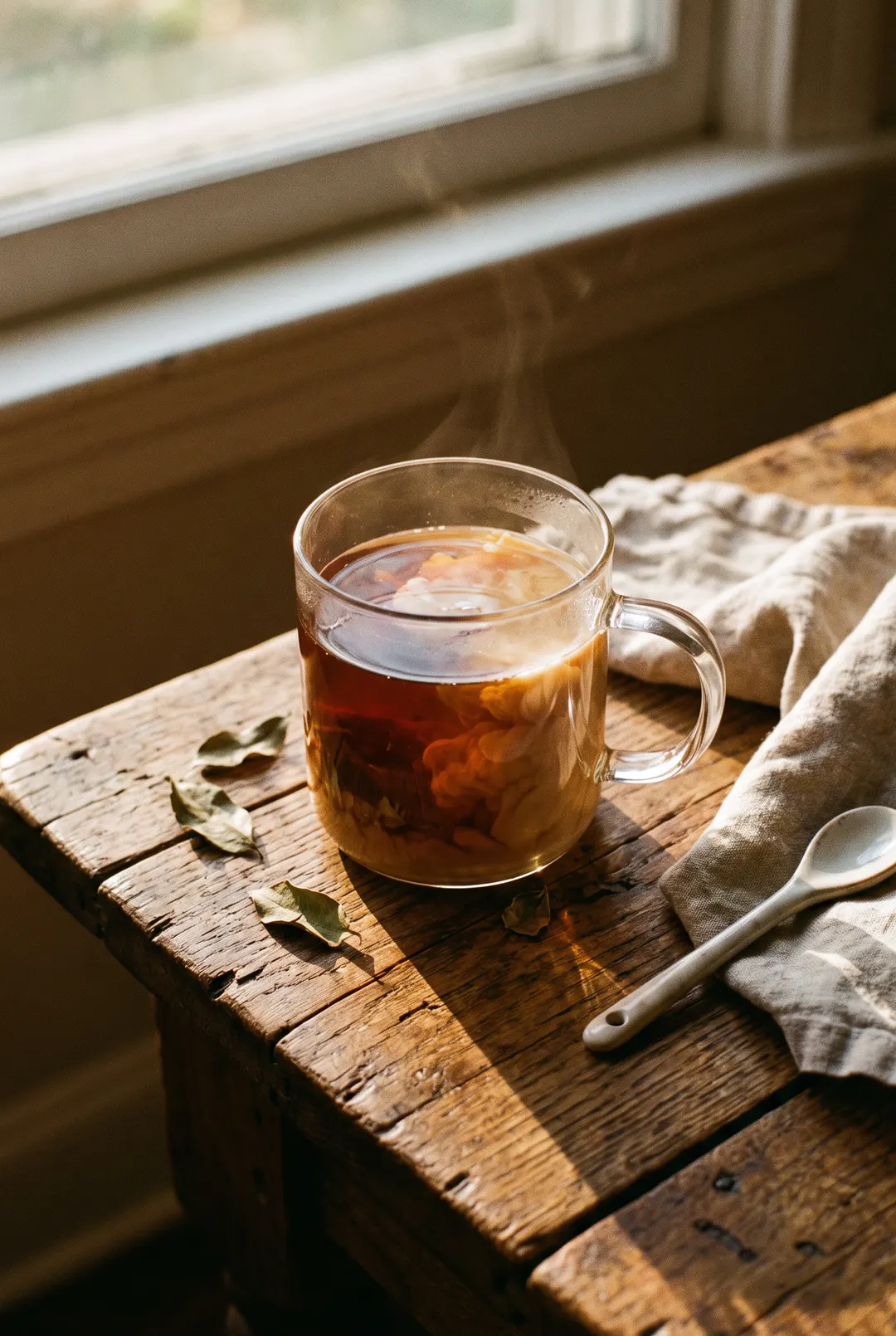 A mug of black tea with a splash of milk in a clear glass mug