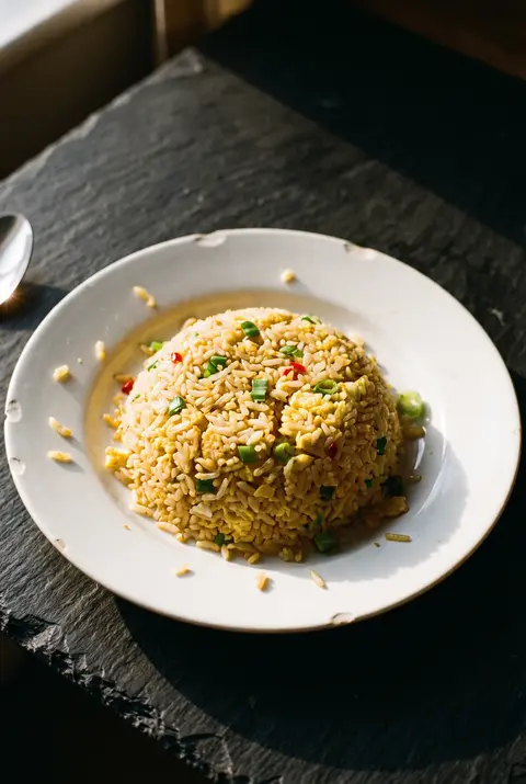 A plate of egg fried rice with spring onion on a white plate