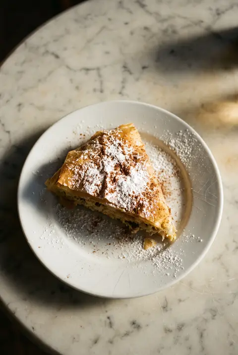 A slice of chicken pastilla on a white plate