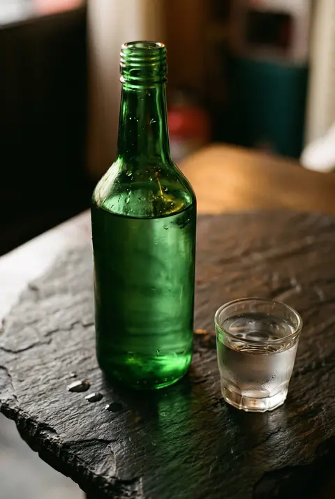 360 ml of clear soju in a green glass bottle
