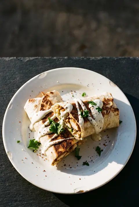 A chicken shawarma wrap with garlic sauce on a white plate