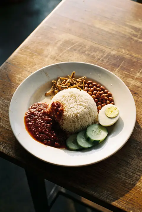A plate of nasi lemak with coconut rice on a white plate