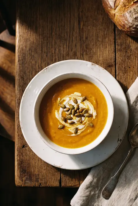 A white porcelain bowl of orange pumpkin soup with a swirl of cream and a few pumpkin seeds on a white plate