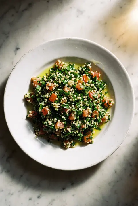 A portion of tabbouleh with lots of chopped parsley on a white plate