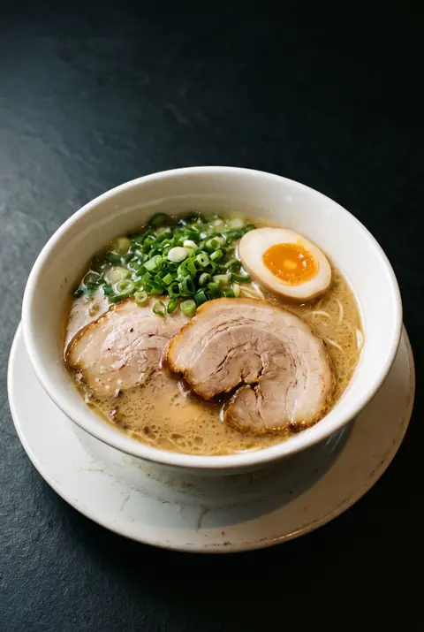 A white porcelain bowl of tonkotsu ramen with pork slices on a white plate