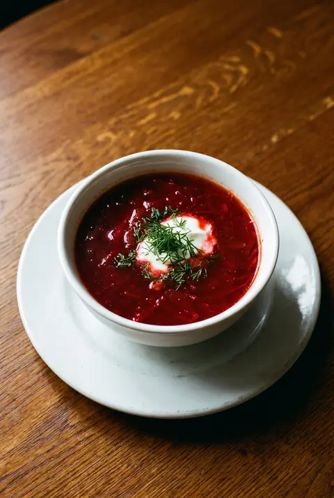 A white porcelain bowl of deep red borscht with a spoonful of smetana and dill on a white plate