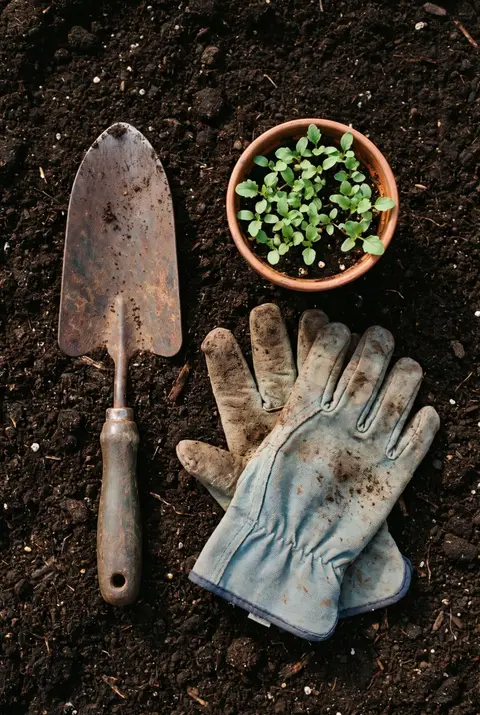 A trowel, a pair of worn gardening gloves and a pot of seedlings on dark soil beside a wooden raised bed
