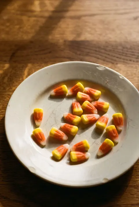 About twenty pieces of candy corn in yellow on a white plate
