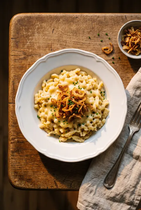 A plate of kaesespaetzle on a white plate