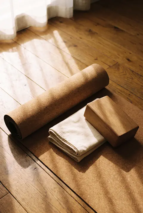 A rolled out cork yoga mat with a folded cotton towel and a wooden block on warm oak floorboards