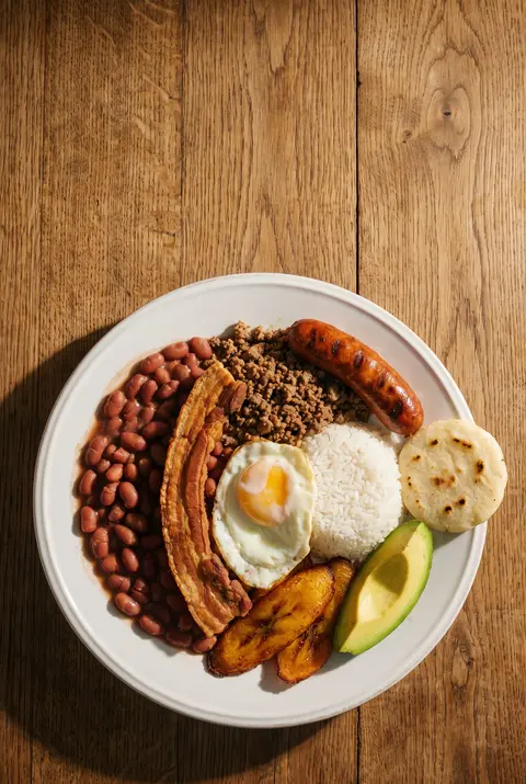 A full bandeja paisa with beans on a white plate
