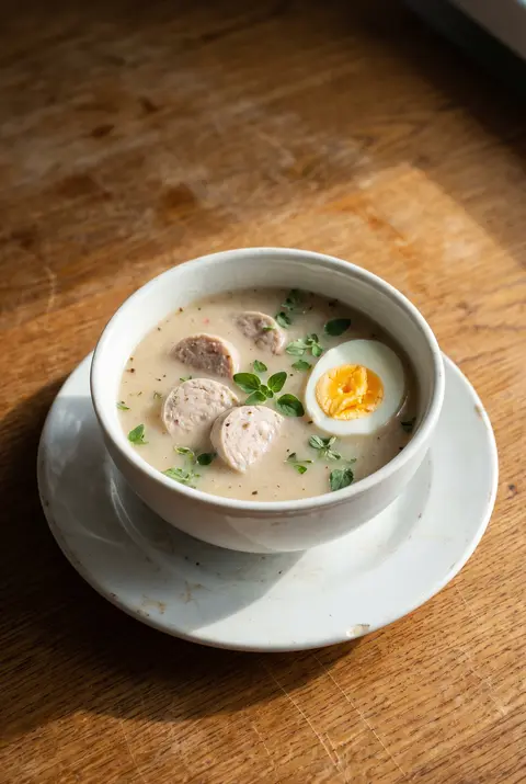 A white porcelain bowl of zurek on a white plate