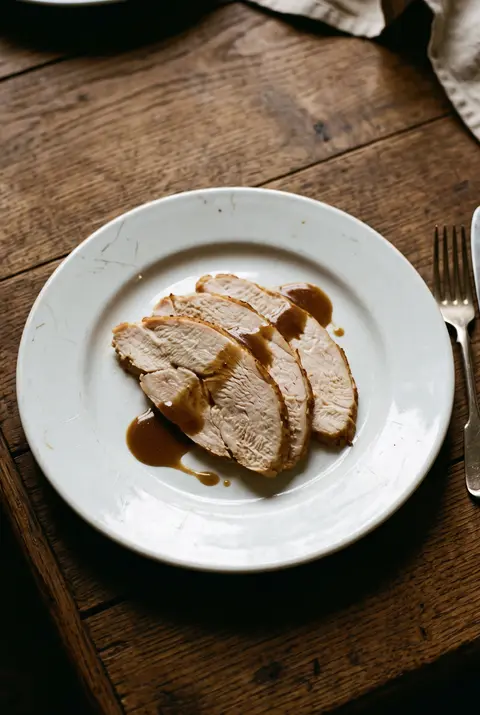 Turkey breast, about 100 g, on a white plate