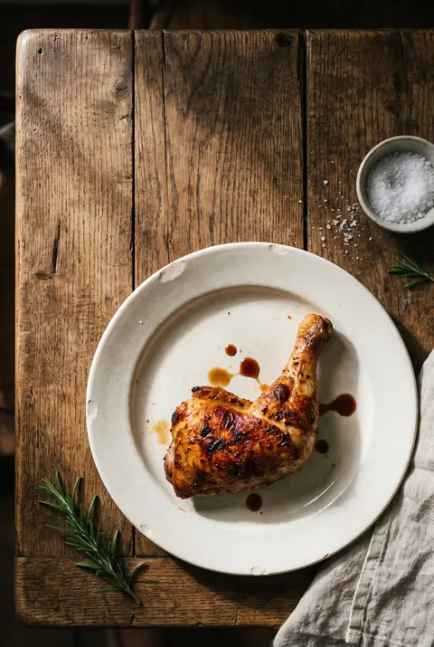 A roast chicken leg on a white plate