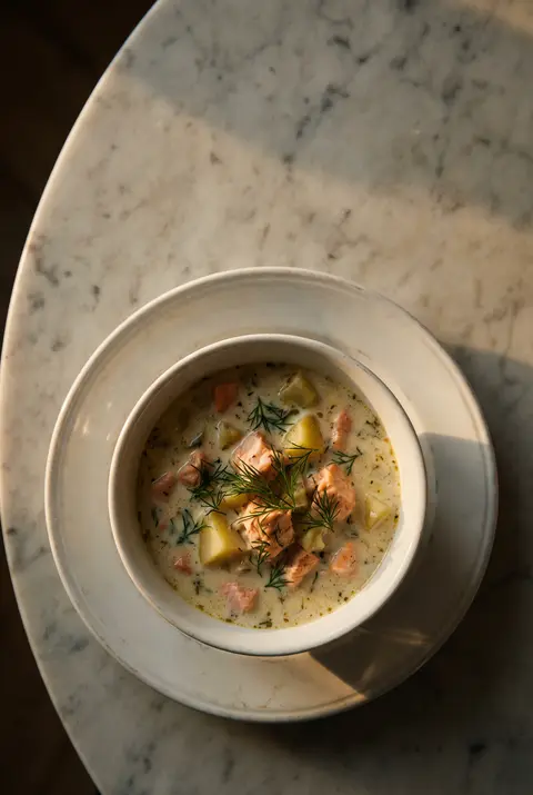 A white porcelain bowl of creamy salmon soup with potato and dill on a white plate