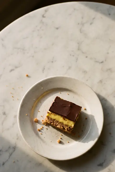 A Nanaimo bar with a crumb base on a white plate