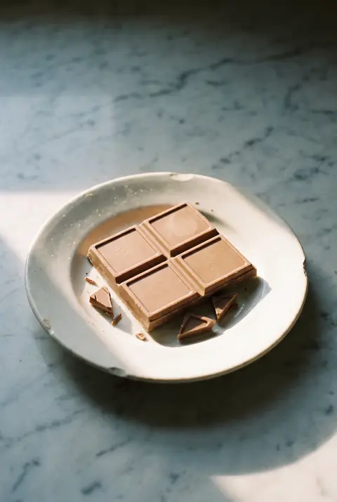 Four squares of pale milk chocolate on a white plate
