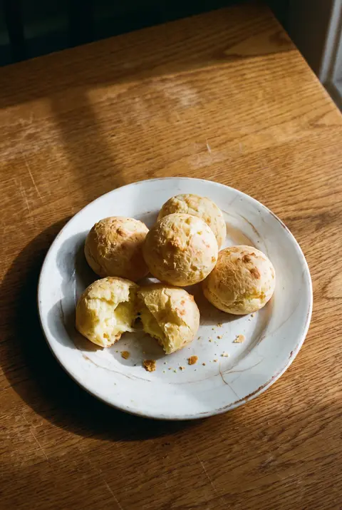 Five small golden pao de queijo cheese breads on a white plate