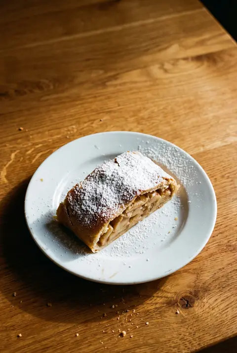 A slice of apple strudel dusted with powdered sugar on a white plate