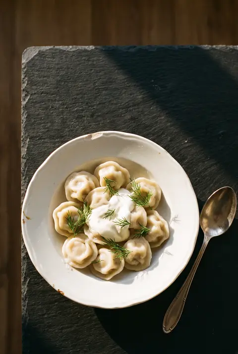 A plate of boiled pelmeni with a spoonful of smetana and a little dill on a white plate