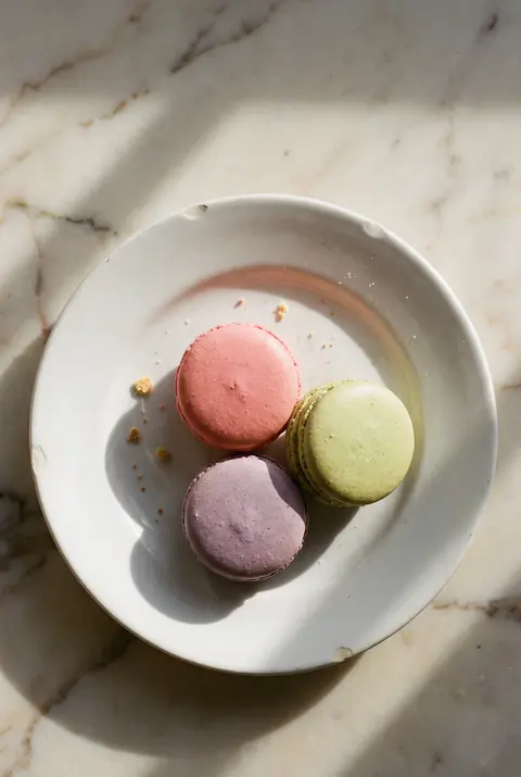 Three French macarons in soft pastel colors on a white plate