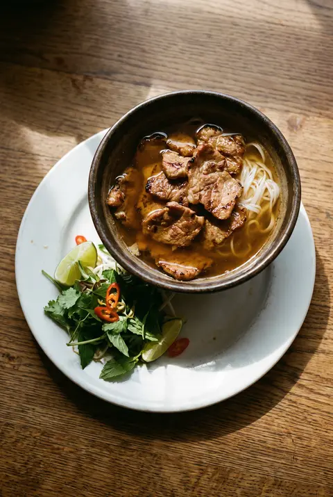 A bowl of grilled pork in broth with rice noodles and fresh herbs beside it on a white plate