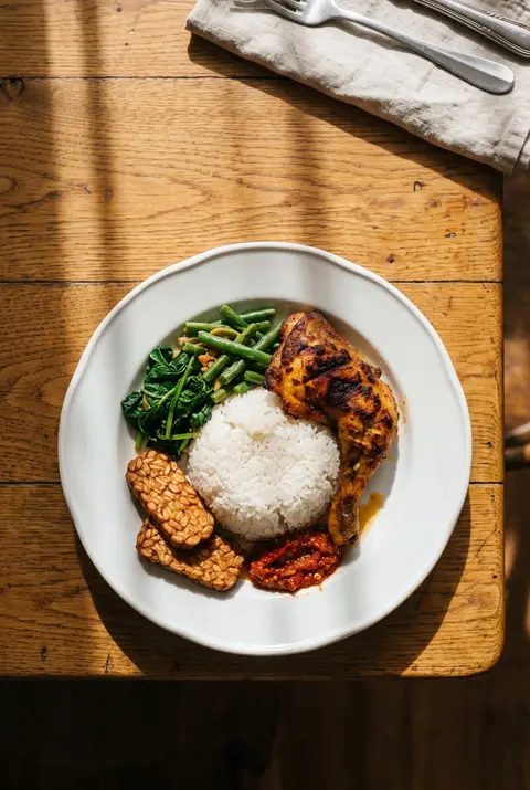 A plate of nasi campur with rice on a white plate