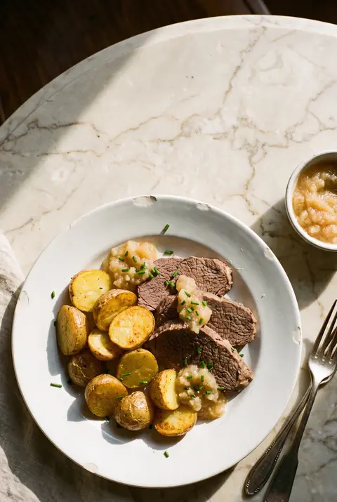 A plate of sliced boiled beef with roast potatoes on a white plate