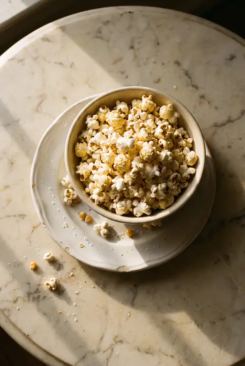 A white porcelain bowl of salted popcorn on a white plate
