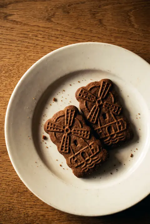 Two spiced speculaas biscuits with a pressed windmill pattern on a white plate