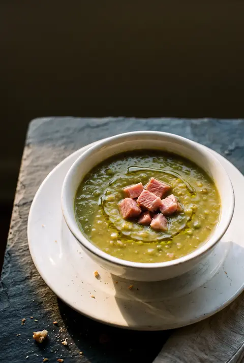 A white porcelain bowl of thick green pea soup with pieces of ham on a white plate