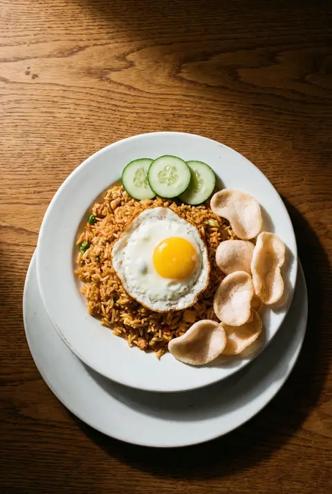 A plate of nasi goreng with a fried egg on top on a white plate