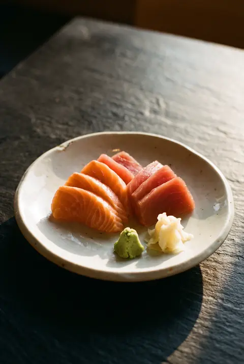 Eight slices of salmon and tuna sashimi with a little wasabi and pickled ginger on a white plate