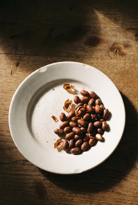 A small heap of roasted peanuts on a white plate