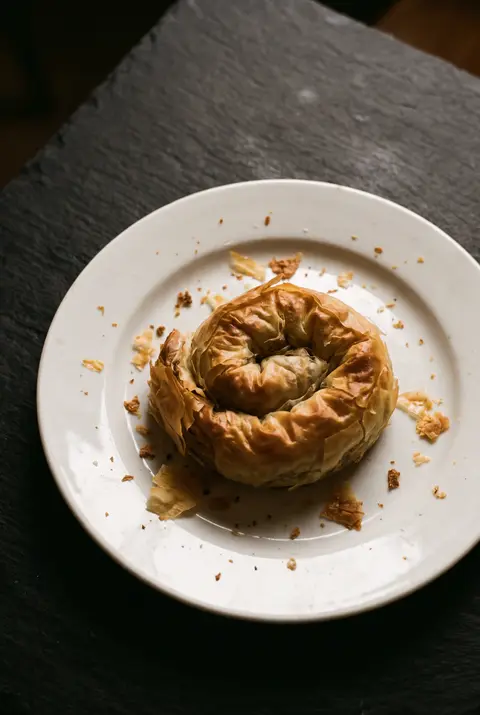 A bakery portion of meat burek on a white plate