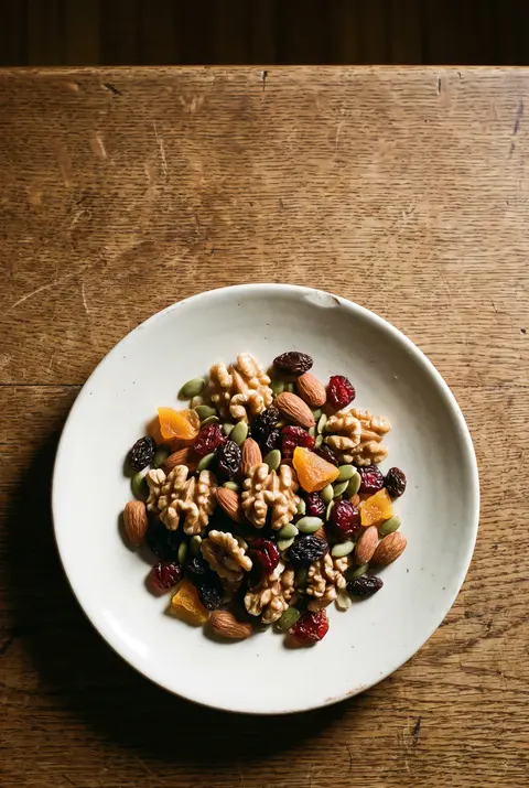 A small heap of trail mix with nuts on a white plate