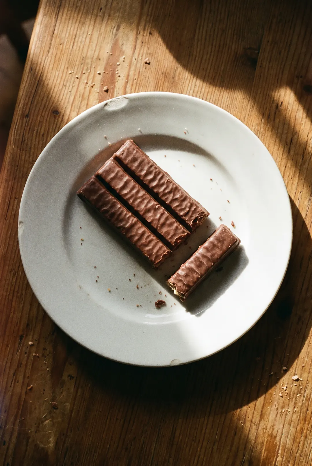 Four joined chocolate covered wafer sticks on a white plate