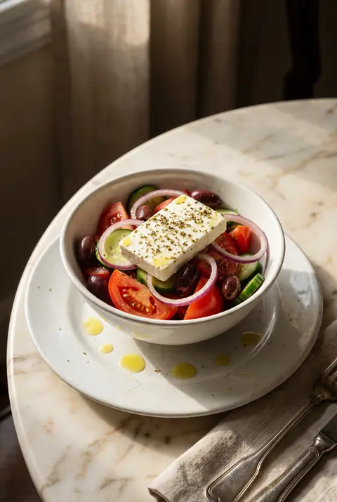 A white porcelain bowl of Greek salad with tomato on a white plate