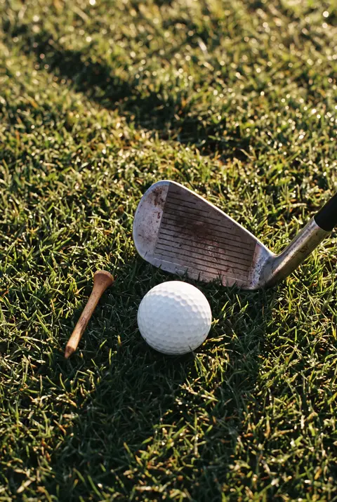 A golf ball on a wooden tee and an iron lying in the grass on a short cut fairway
