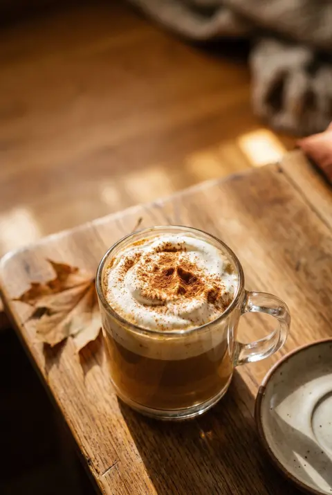 A pumpkin spice latte with whipped cream and a dusting of cinnamon in a clear glass