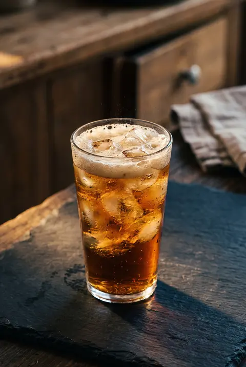 330 ml of sugar free cola with ice and fine bubbles in a clear glass