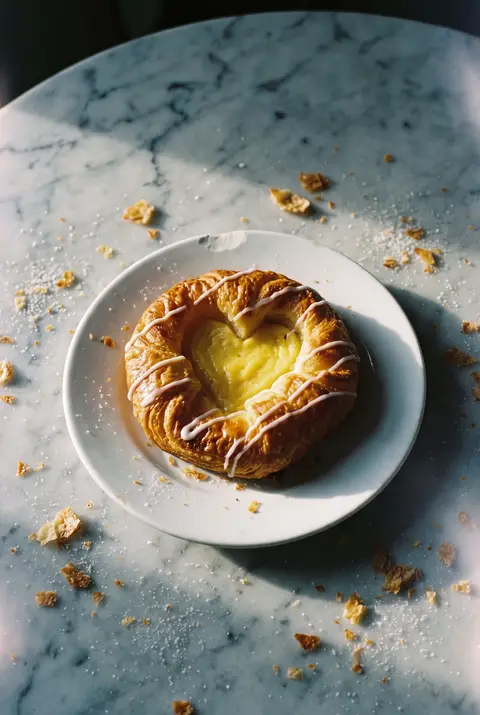 A Danish pastry with a custard centre and a thin drizzle of icing on a white plate